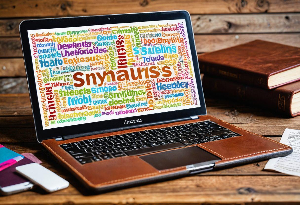 An open laptop displaying an electronic thesaurus app, with vibrant 3D word clouds bursting out, showing diverse synonyms in colorful and dynamic fonts. Beside the laptop, a vintage leather-bound thesaurus laying on a sleek wooden desk to contrast the digital and traditional methods. Bright and engaging. vibrant colors. 3D.