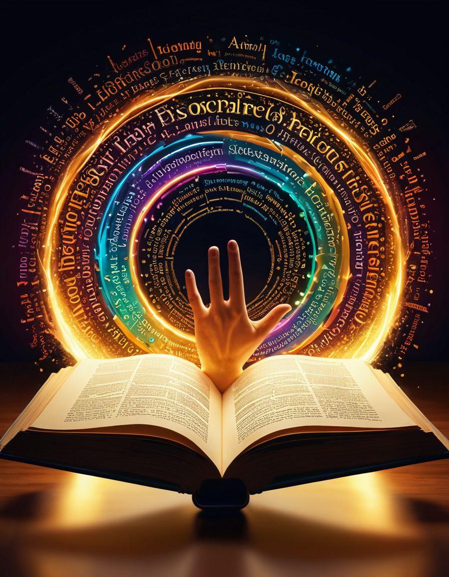 An open book emitting a radiant golden light filled with floating, glowing words and synonyms, forming an intricate web connecting diverse vocabulary. A person stands with their hand reaching out to the words, symbolizing discovery and comprehension. Vibrant colors, digital art, and an inspiring atmosphere.