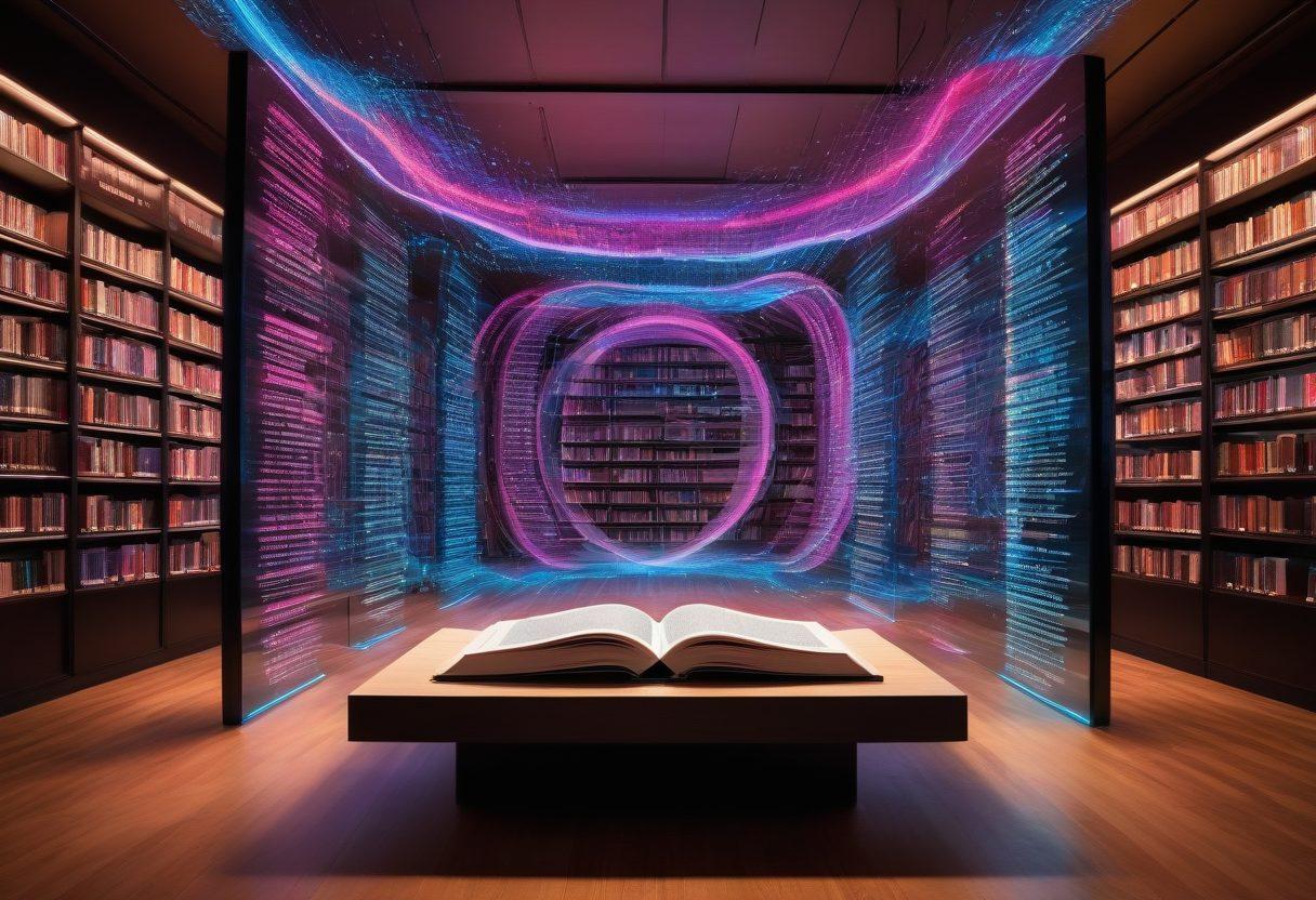 A digital library with floating books and a glowing Thesaurus in the center, surrounded by words and synonyms in vibrant, flowing typography. Each word is interconnected with threads of light, creating a web-like structure. The background is a sleek, modern interface of a digital screen. painting, vibrant colors, futuristic.